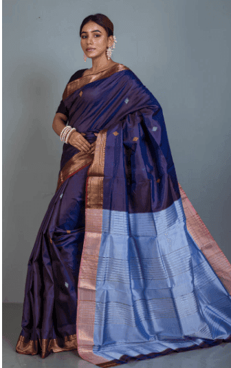 Blue Pure Handloom Tussar Silk Saree With Blouse Piece view 2