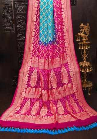 Blue and Pink Hand Bandhej Banarasi Silk Georgette Saree with Zari Jaal | SILK MARK CERTIFIED