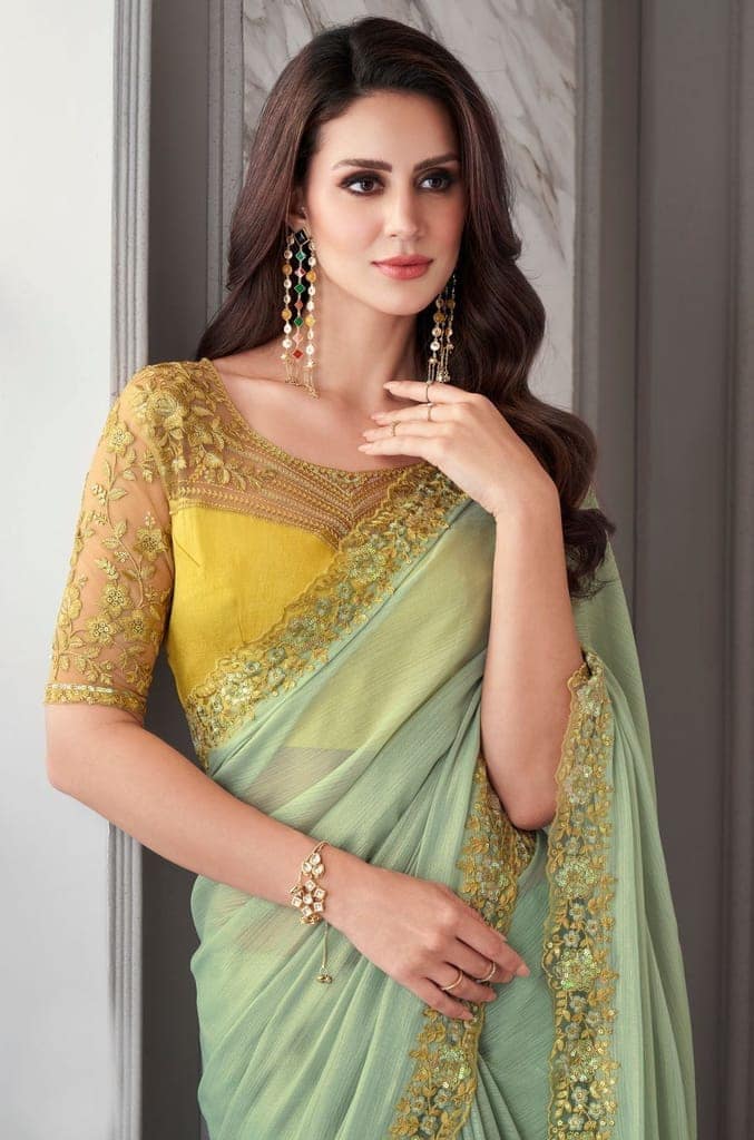 Embroidered Border Chiffon Shimmer Saree in Sea Green view 2