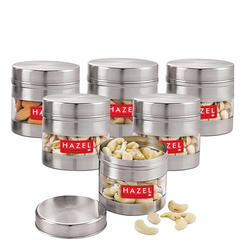 HAZEL Stainless Steel Masala Container, 350 ml Transparent Masala Boxes for Kitchen , See Through Small Container for Spices , Color Box with Matt Finish, Set of 6 view 2