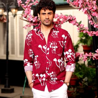 Mushroom Bunch Scarlet Maroon Casual Pure Linen Full Shirt (Size - XXL) by BLUE EAGLE