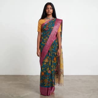 Kalamkari Tussar Silk Saree Teal Blue Peacock Pallu