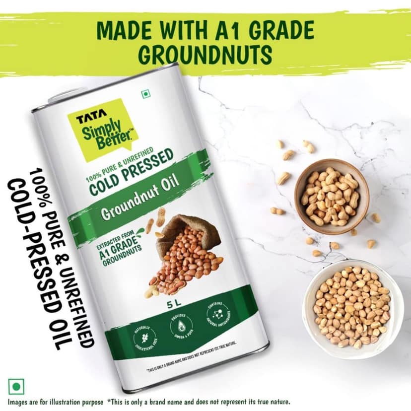 Tata Simply Better Pure and Unrefined Cold Pressed Groundnut (Peanut) Oil, Kolhu/Kacchi Ghani/Mara Chekku/Ganuga, Naturally Cholesterol Free, 5L, With Rich Aroma & Flavour of Real A1 Grade Groundnuts view 2