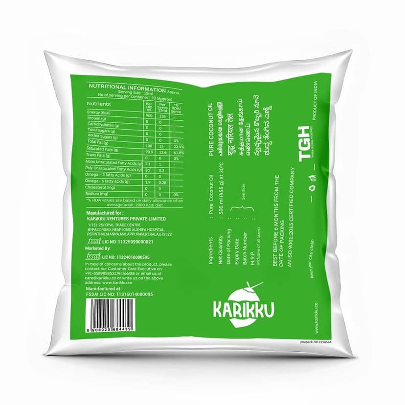 KARIKKU 100% Pure And Natural Coconut Oil Pouch- 500ML*Pack of 2 view 2
