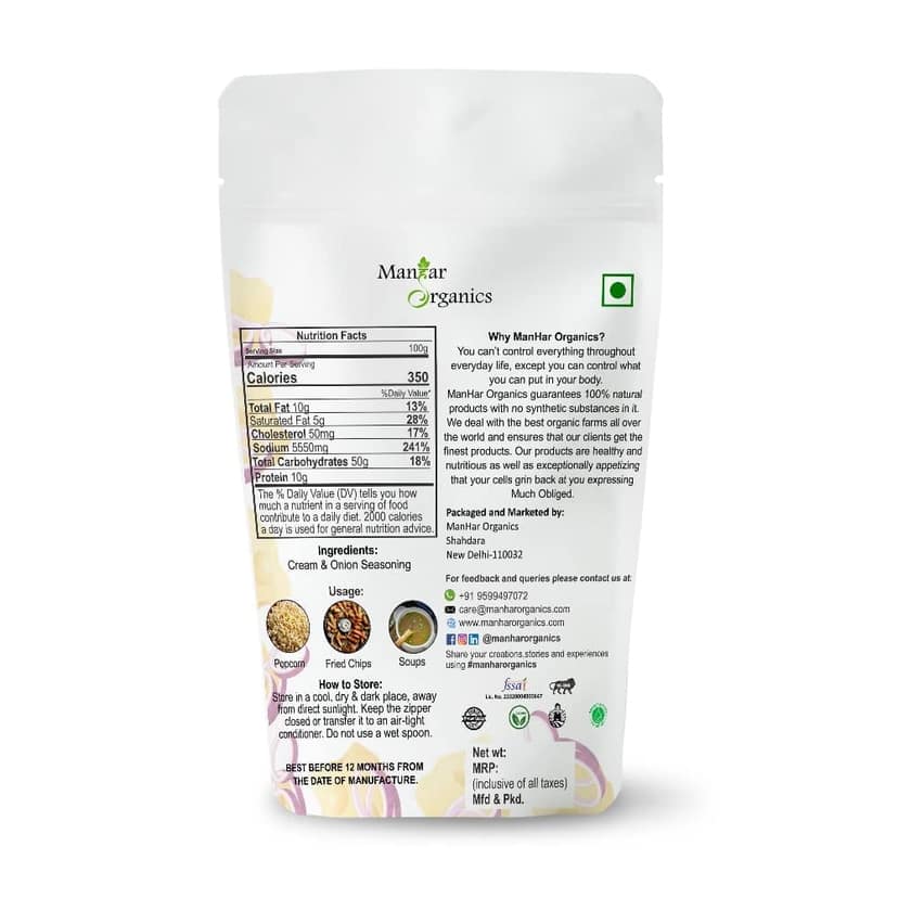 ManHar Organics Cream & Onion Seasoning Powder | Rich, Savory Flavour Enhancer for Snacks, Fries, Popcorn & More | 100g view 2
