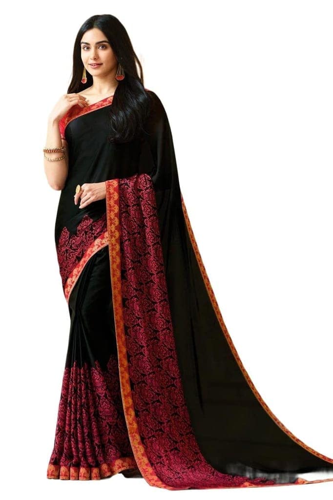 HHK Fashion Women's Printed Georgette 5.5 Meter Saree with Unstitched Blouse Piece