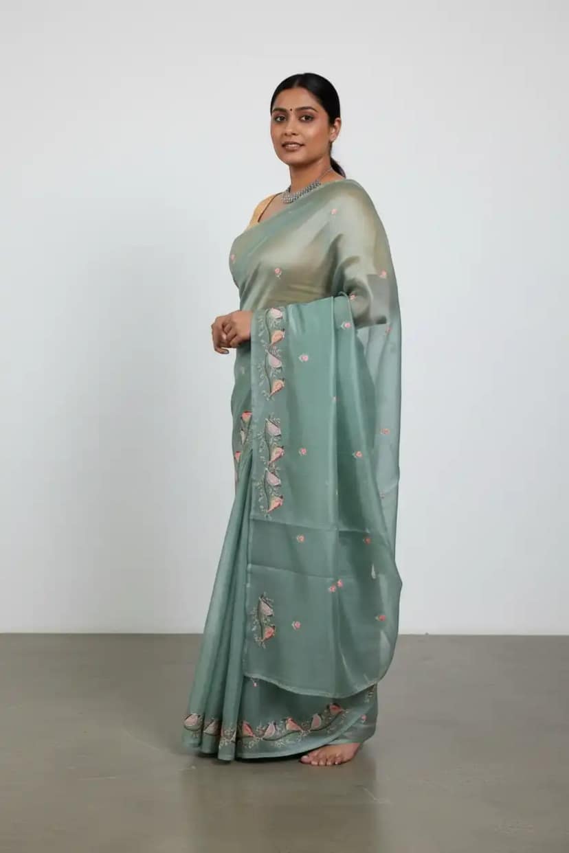 Sea Green Kota Doria Cotton-Silk Saree with Block Print Buti and Zari Border