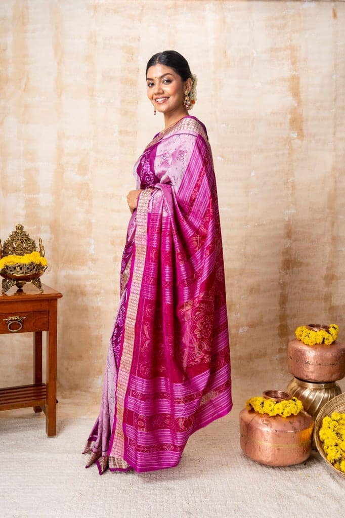 Onion Pink & Purple Peacock Silk Saree view 2