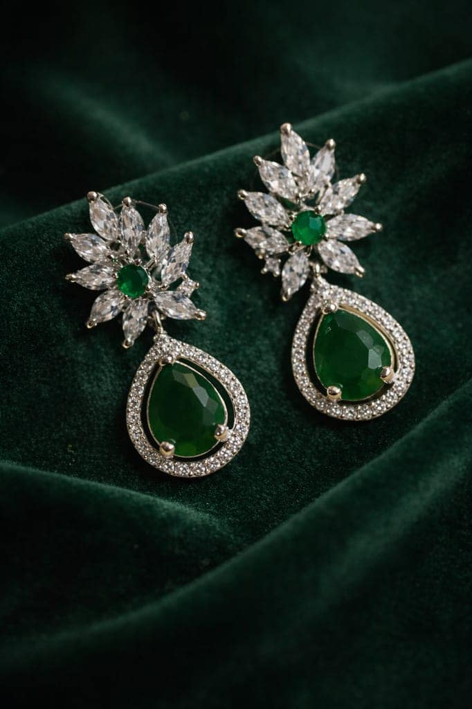 ✨ Emerald Green American Diamond Drop Earrings – Elegant Party Wear Statement Jewellery ✨ view 2