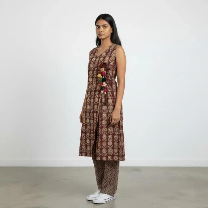 Maroon Floral Block-Print Cotton Co-Ord — Sleeveless Kurta & Pants view 2
