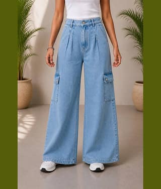 Aarika Women's Wide Leg Mid-Rise Jeans ( Light Blue )