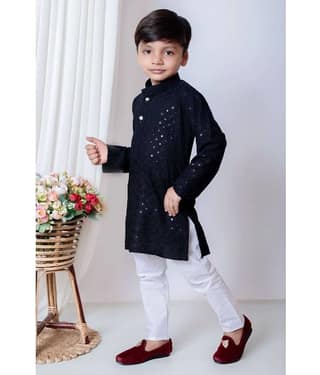 New Collection Boys Cotton Blend Sequined - Pattern Kurta Pant Set ( Dark Blue , Pack of 1 )