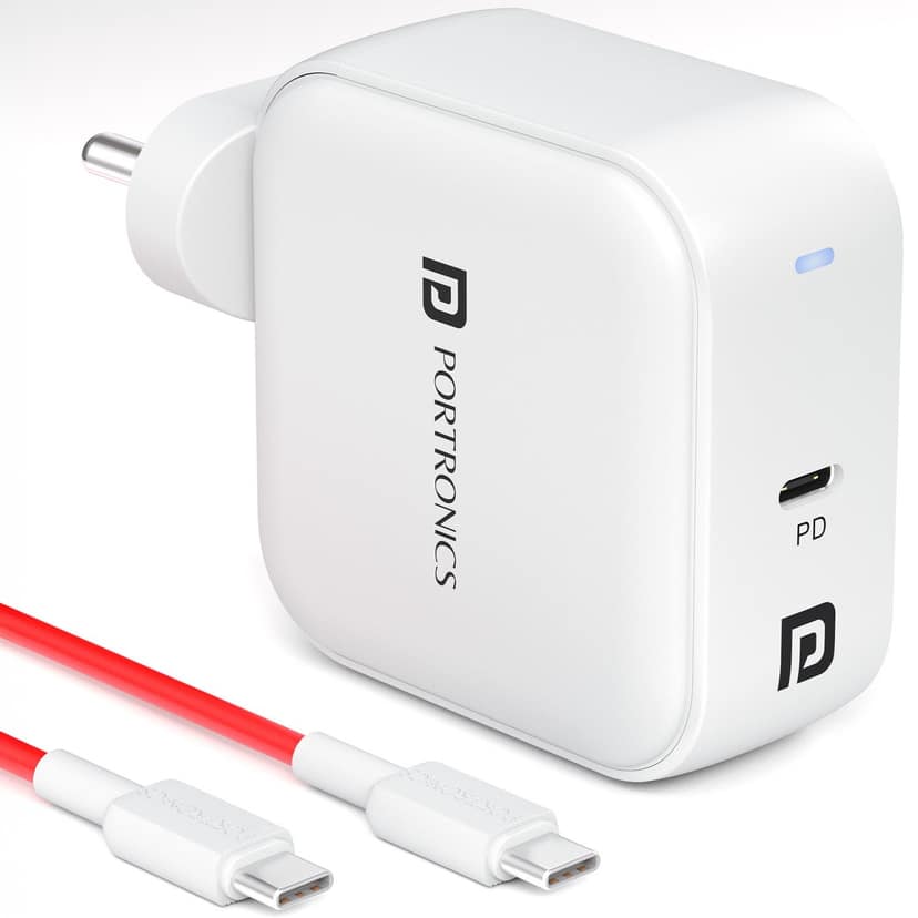 Portronics Adapto 65C Type C PD Adaptor, GaN Technology, Type C to Type C Cable, Best For Laptop,Smartphone,iPad & Tablets