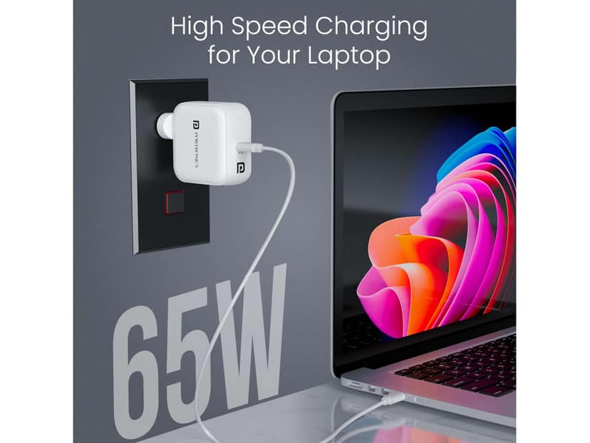 Portronics Adapto 65C Type C PD Adaptor, GaN Technology, Type C to Type C Cable, Best For Laptop,Smartphone,iPad & Tablets view 2