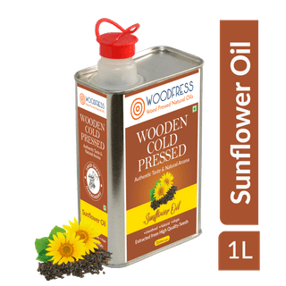 WOODFRESS Pure Wood Pressed, Cold Pressed Sunflower Oil - 1 Litre | Unrefined, Natural Cooking Oil | Pressed from 4kg Sunflower Seeds, Metal Tin 1L