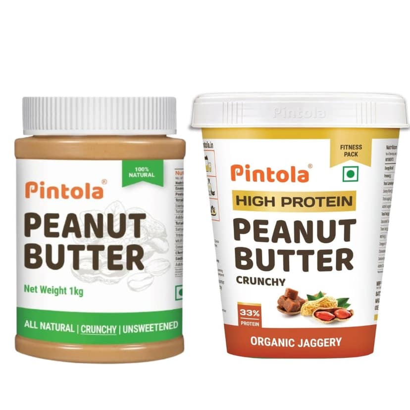 Pintola HIGH Protein Peanut Butter (ORGANIC JAGGERY) (Crunchy, 1kg) & Pintola All Natural Peanut Butter (Crunchy) | Unsweetened | 30g Protein | Non GMO | Gluten Free | Vegan | Cholesterol Free (1kg) view 2