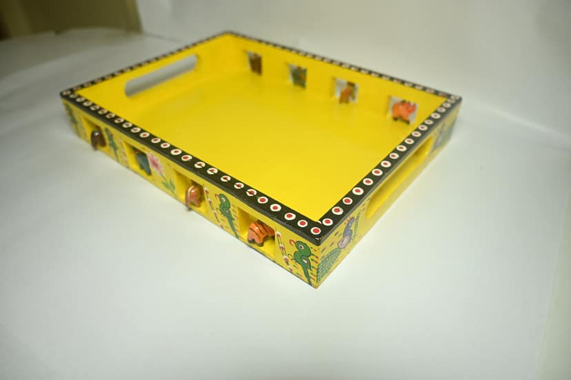 Icrafts Home Décor Exclusive Handmade Wooden Yellow Tray – Single Piece (L: 33.02 cm × B: 25.4 cm × H: 10.16 cm, Weight: 750 g) view 2