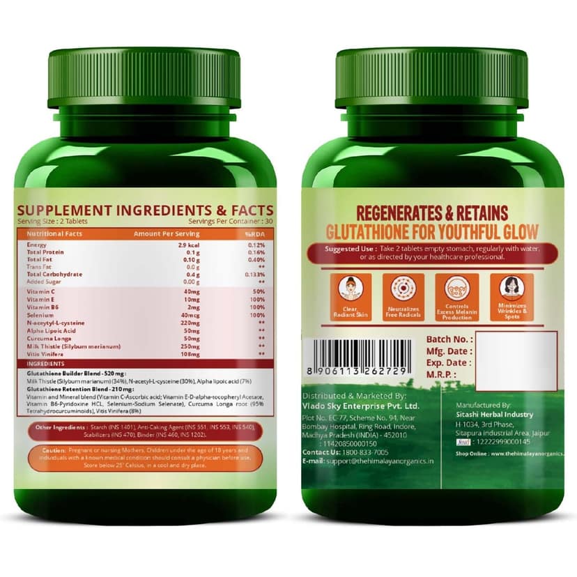 Vlado's Himalayan Organics Glutathione Builder for Anti Ageing & Skin Brightening with ( Vitamin C, E, B6 & Curcumin ) 60 Veg Tablets view 2