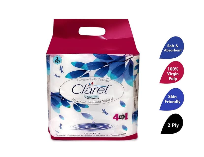 Claret Toilet Paper Rolls - 2 Ply, 4 in 1 Pack of 2, Total 8 Rolls with 760 Pulls, Soft, Durable & Hygienic for Daily Use view 2