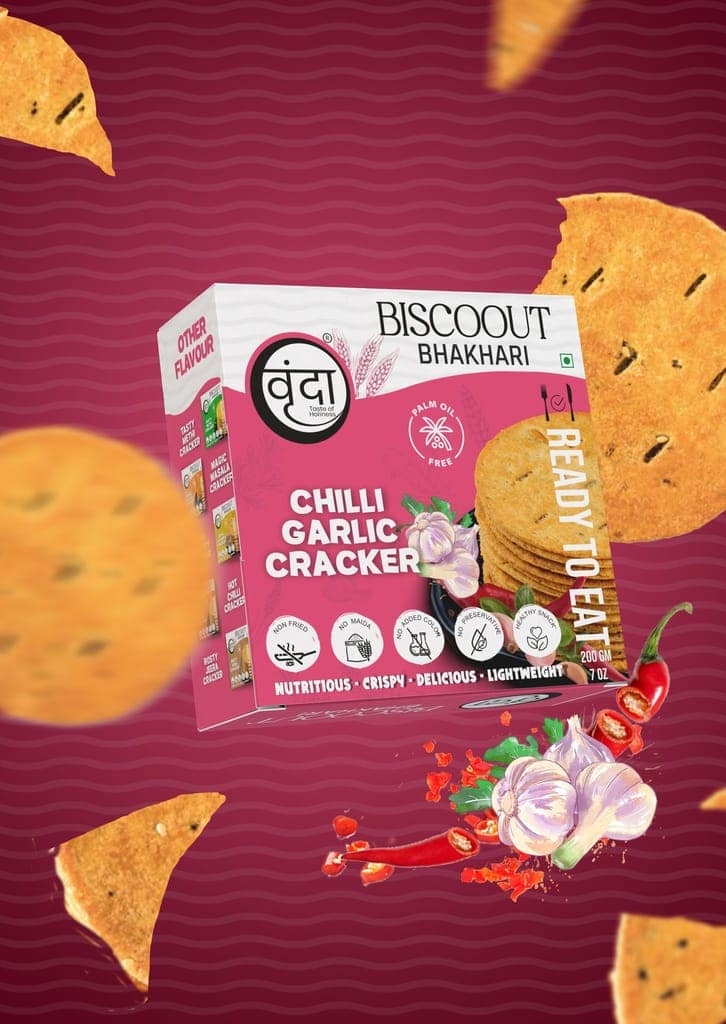 Vrunda Palm Oil Free Roasted Bhakhari |Methi, Masala, Jeera, Chilli Garlic & Jaggery |Snacks |Pack of 5(200Gm each) view 2