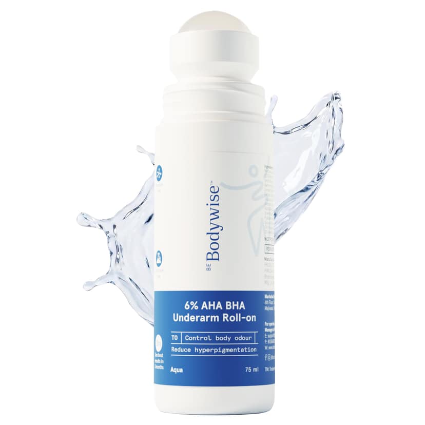 Be Bodywise 6% AHA BHA Underarm Roll On 75ml | 4% Lactic Acid, 1% Mandelic Acid, 1% Salicylic Acid | Controls Odour & Reduces Pigmentation for even tone skin | 0% Alcohol & 0% Aluminium | Aqua Fragrance Be Bodywise 6% AHA BHA Underarm Roll On 75ml | 4% L