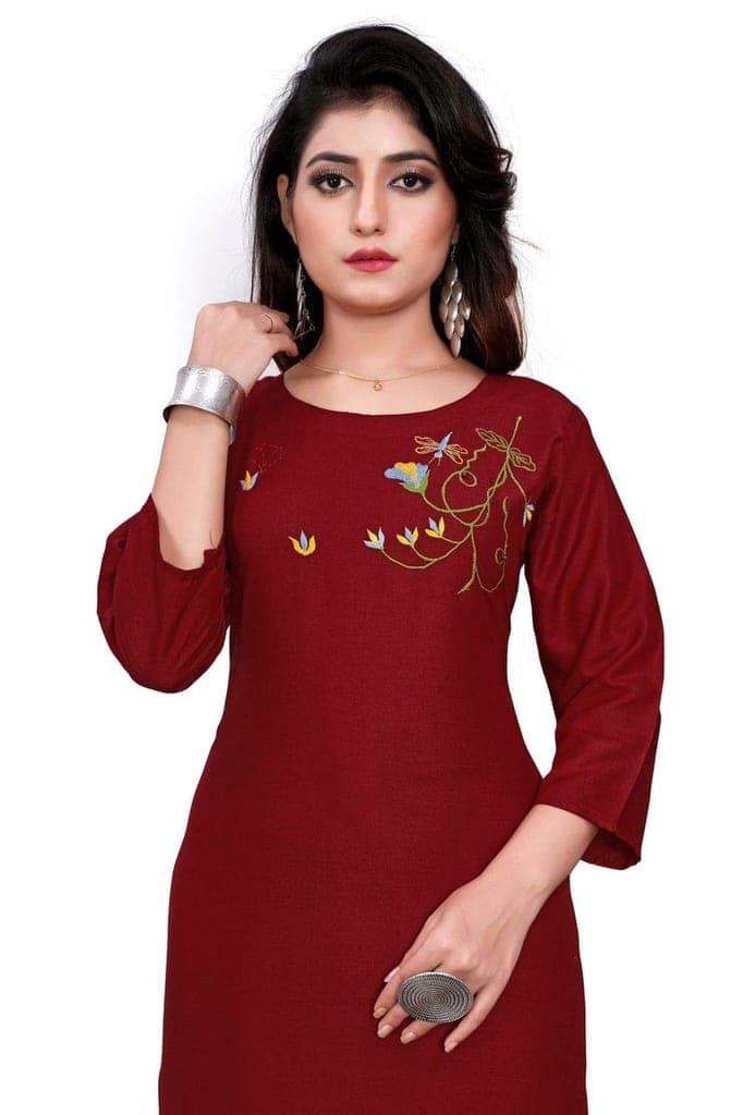 STYLEOO Women's Rayon 3/4 Sleeves Embroidered Kurti (Maroon) (M, L, XL, XXL) view 2