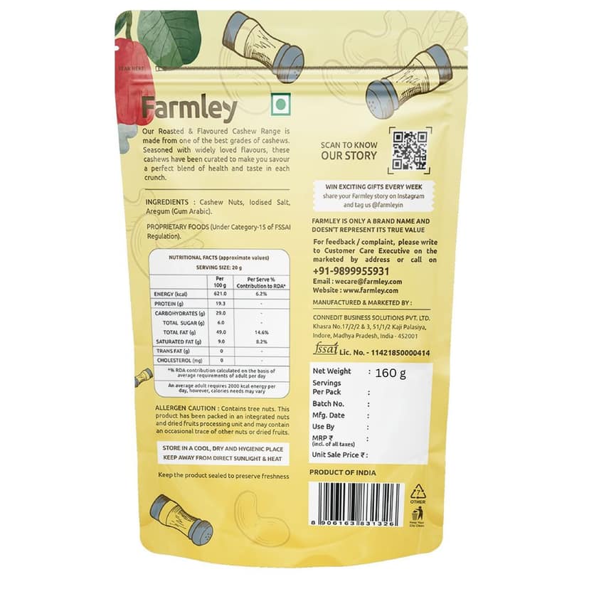 Farmley Classic Salted Roasted Cashews 160g view 2
