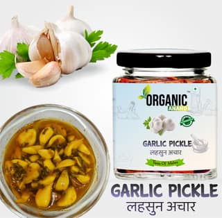 Organic Anand Natural Garlic Pickle (Lahsun Ka Achar), Homemade No Artificial Colors Aachar (Tangy and Delicious) with Neemwood spoon (250gm-Pack of 1)