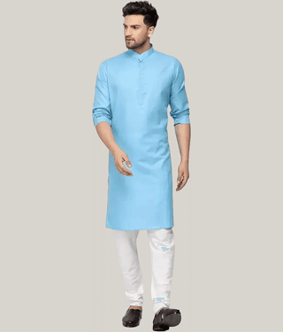 YUG ART Cotton Blend Solid Relaxed Fit Kurta Pyjama Set For Men ( Sky Blue )