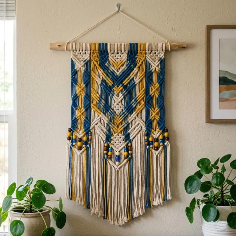 Handmade Macrame Wall Hanging Blue and Yellow Beaded Fringe Decorative Wall Art Pack of 1
