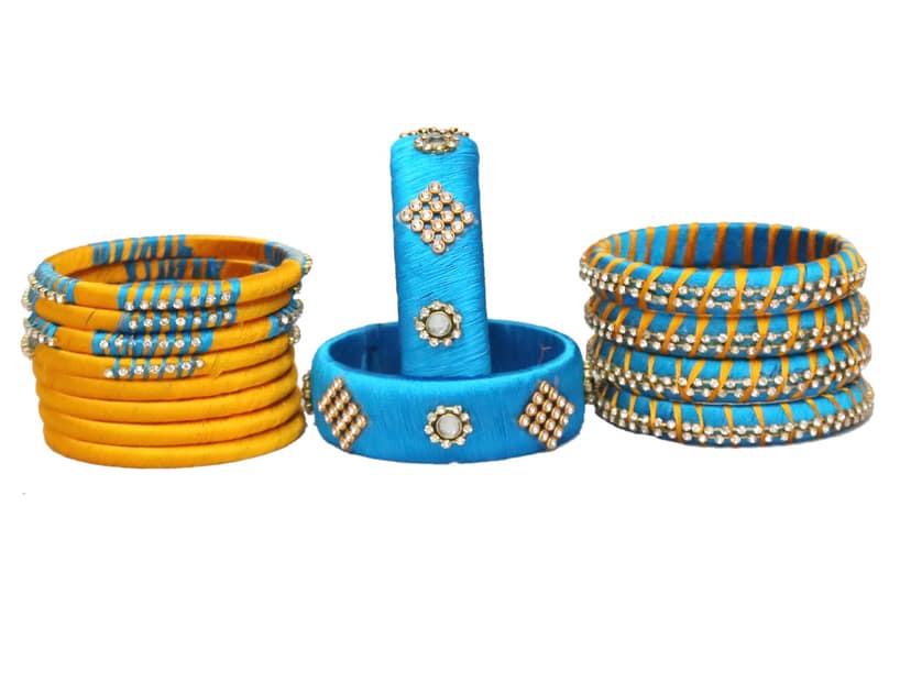 BENIWAL COLLECTION New Handmade Kundan Silk Thread Bangles Set ,Latest Beautiful Churiya for Ladies and girls Party and Casual Wear Blue & Yellow (Set of 14) view 2