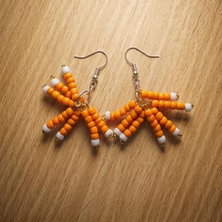 Handmade Beaded Fan Fringe Drop Earrings in Orange & White