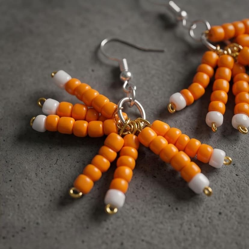 Handmade Beaded Fan Fringe Drop Earrings in Orange & White view 2