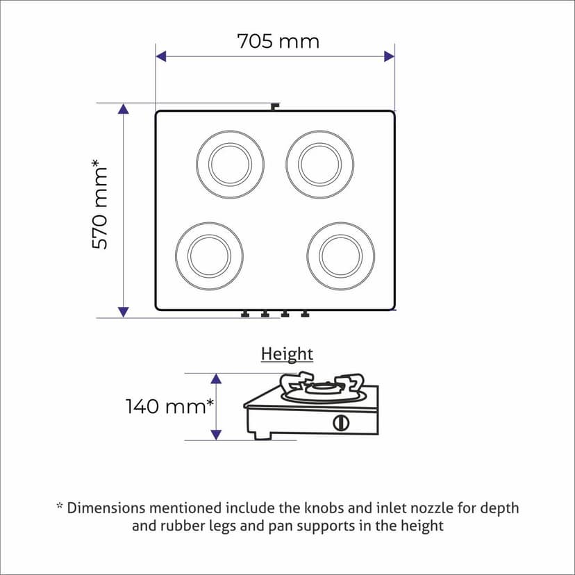 4 Burner Glass Gas Stove 1 High Flame 3 Forged Brass Burner 70 CM (CT1048GTSQFB) view 2