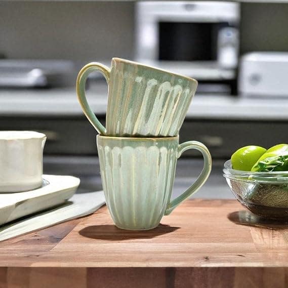 STOREPEDIA Handcrafted Ceramic Mugs Cups, Microwave Dishwasher Safe Studio Style Coffee, Soup Tea, Milk, Chai, Cup for Daily, Office, Multipurpose Use, Large Size, 350 ml Pack of 2 (Green) view 2