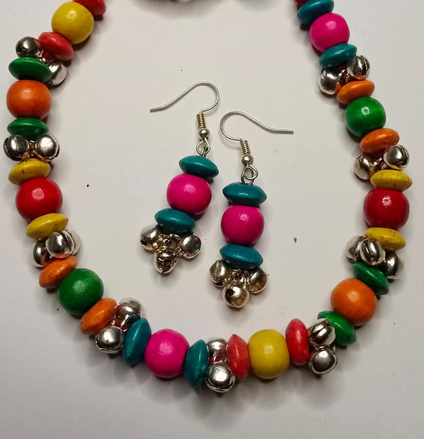 Vibrant Bohemian Wooden Beads Necklace Set with Silver Bells view 2