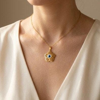 Floral Filigree Evil Eye Pendant Necklace | Gold-Tone Anti-Tarnish Imitation Jewellery view 2