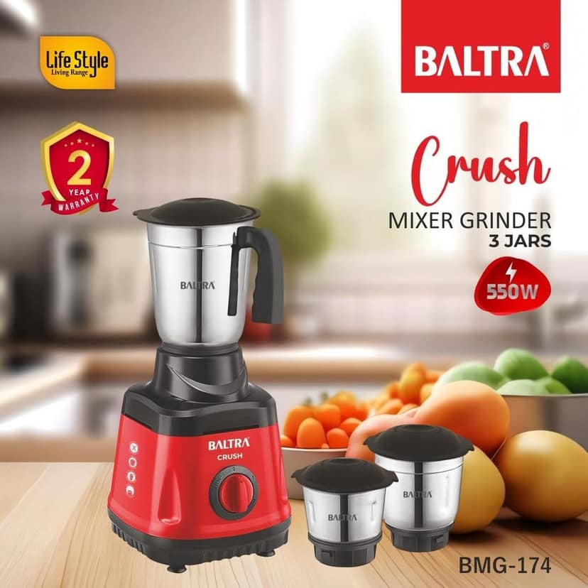BALTRA Crush-3 BMG 174 Mixer Grinder 550 Watt | 3 Stainless Steel Jars (Wet, Dry Grinding & Chutney Jar) | Adjustable Speed Control | Durable Overload Protection | Unbreakable Lid view 2