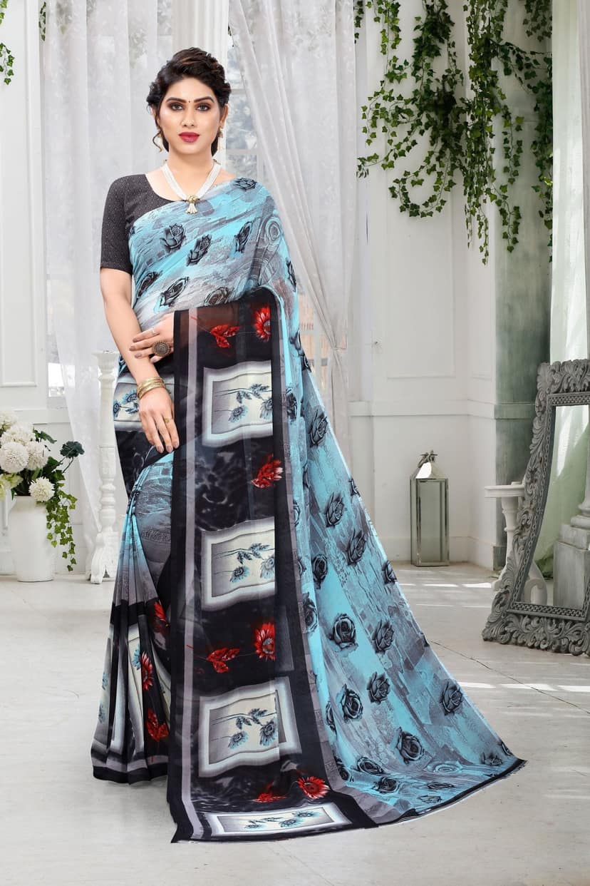 TheHangr Women's Heavy Georgette Saree With Beautiful Print With Blouse Piece - Light Blue