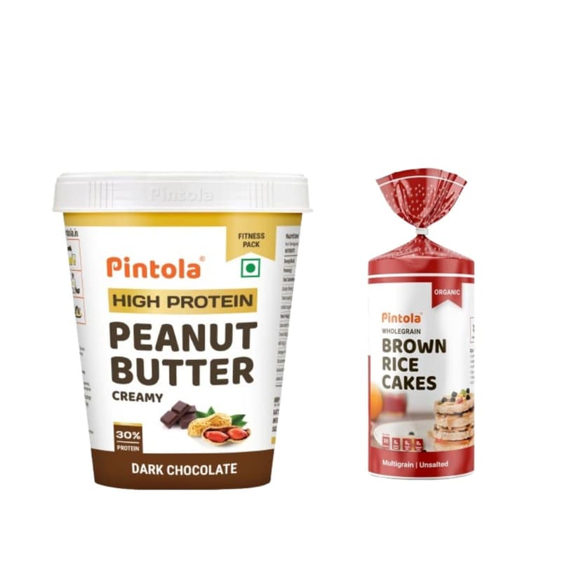Pintola HIGH Protein Peanut Butter (Dark Chocolate) (Creamy, 1kg) & Pintola Organic Wholegrain Brown Rice Cakes All Natural, MULTIGRAIN (Pack of 1) | 9 Wholegrain view 2