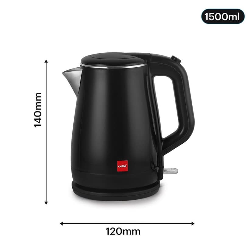 CELLO Quick Boil 1000 Electric Kettle 1.5 Liters, 1350 Watts Black | Premium Stainless Steel, Double Wall Cool Touch Outer Body, Auto-Shut Off Protection | Electric Kettle For Boiling Hot Water view 2