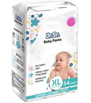 Jr. Sr. Baby Diaper Pants | Extra Large (XL) Size (12-17 kg), 54 Count | Pack of 1 | Upto 12 hr Absorption with Advanced Leak Protection | Safe For Babies Skin | Soft, Secure & Comfy Jr. Sr. Baby Diaper Pants | Extra Large (XL) Size (12-17 kg), 54 Count