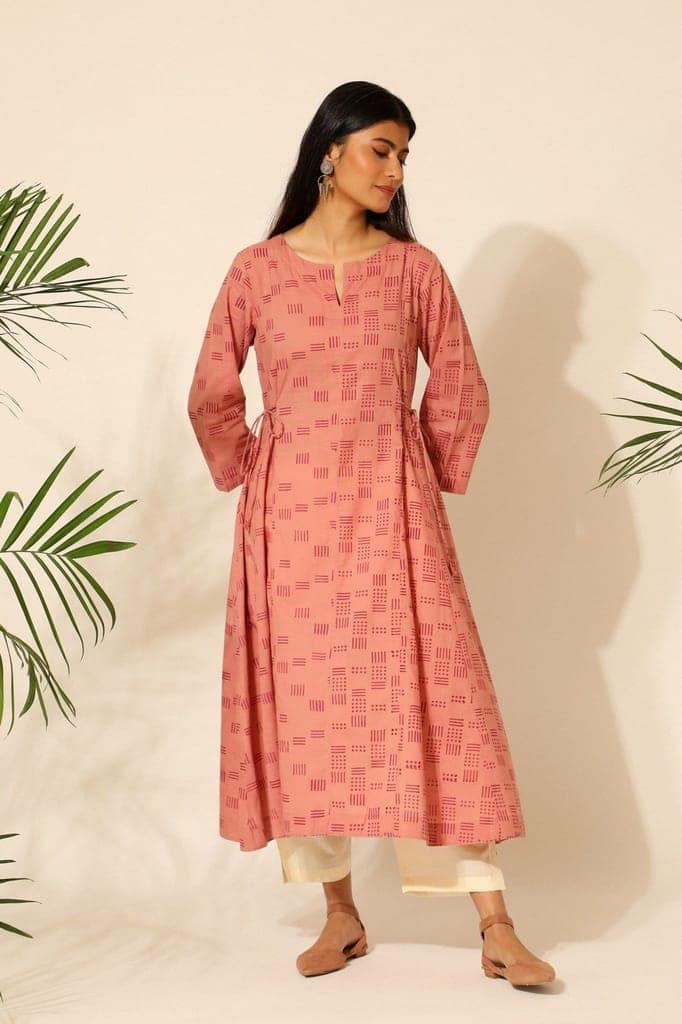 Tiera Pink Block Printed Flared Kurta view 2