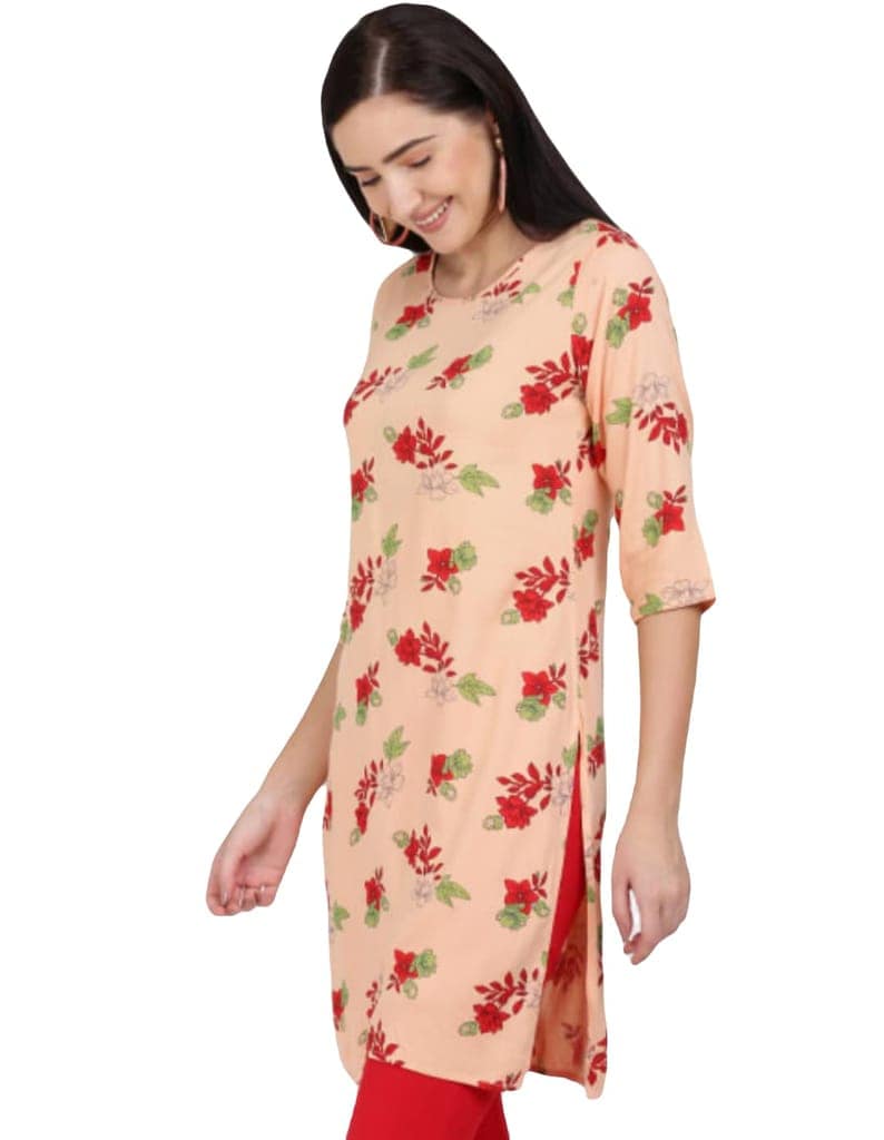 ATTIRIS Women's Rayon Straight Floral Printed Knee Length Round Neck Kurta, 3/4th Sleeve view 2
