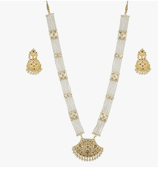 ARyee Antique Royal Rani haar gold plated american diamond kundan n pearls multistrand long adjustable bridal necklace earrings