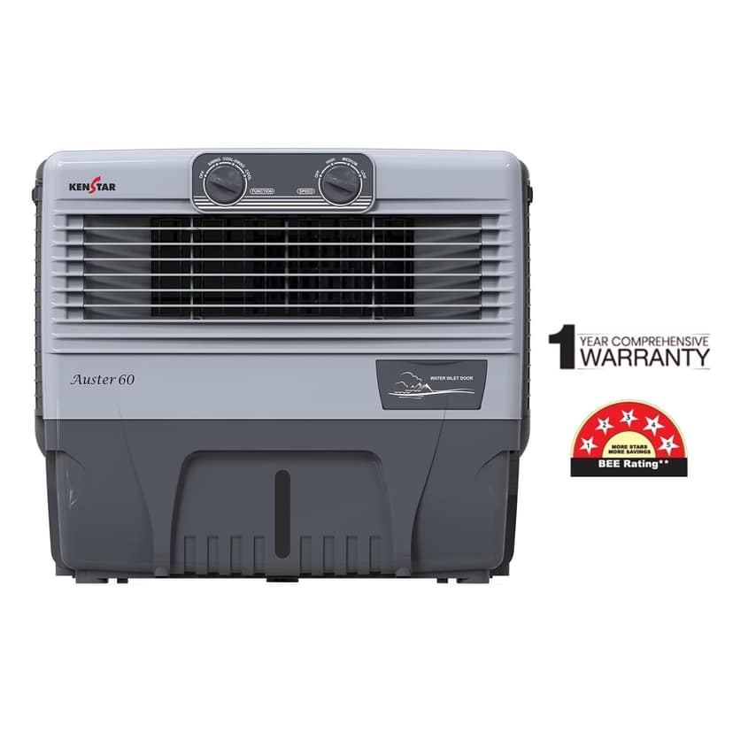 Kenstar Auster 60 Window Air Cooler for Home - Inverter Compatible, Wood Wool Cooling Pads, Collapsible Louvers (60L, 210 Watts) - Gray view 2