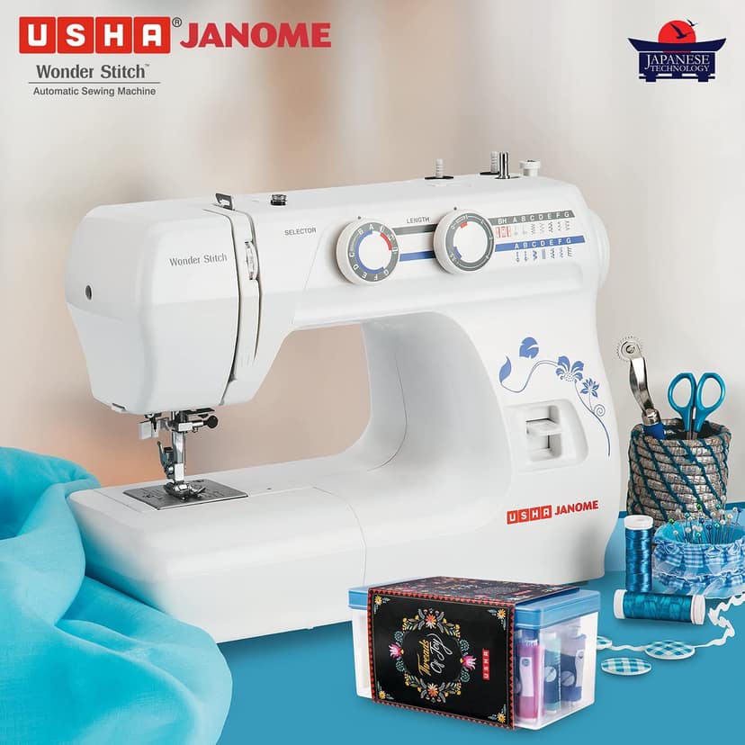 Usha Janome Wonder Stitch Automatic Zig-Zag Electric Sewing Machine, 13 Built-In-Stitches| 21 stitch Function with Free Sewing KIT Worth RS 500 And complementary Sewing Lessons in Nine languages - White view 2