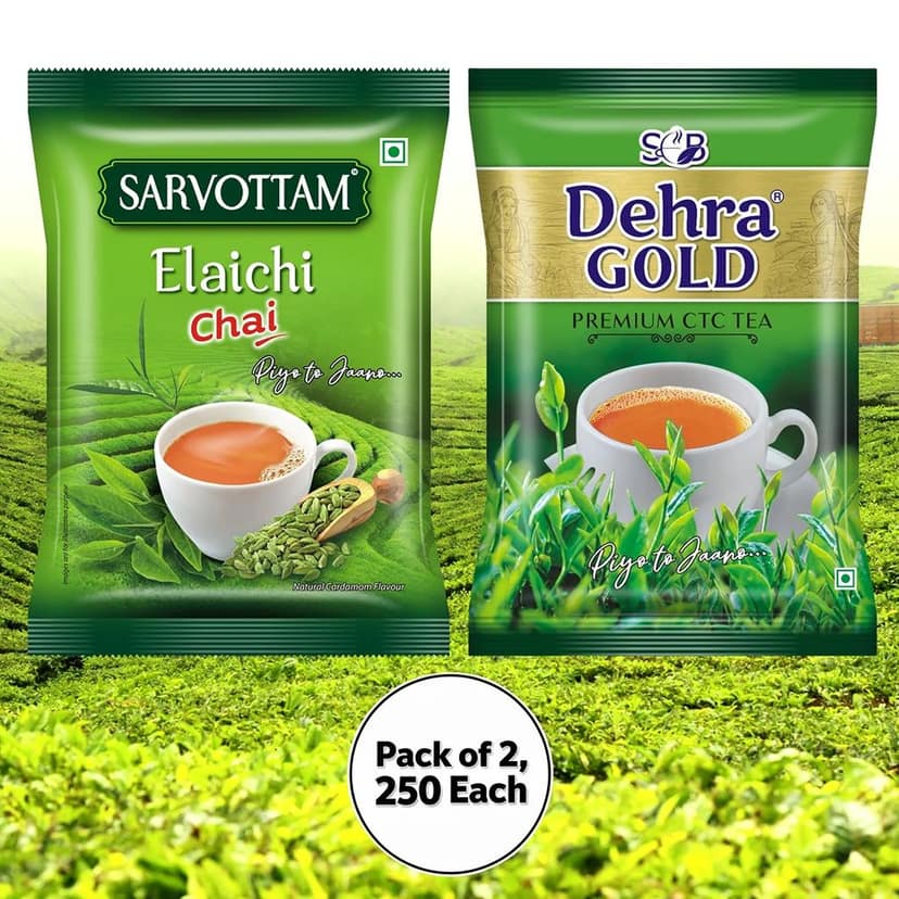 Sarvottam Dehra Gold Premium CTC & Elaichi, Premium Cardamom Flavoured Combo Tea Pack, 500g (Pack of 2, 250g each)