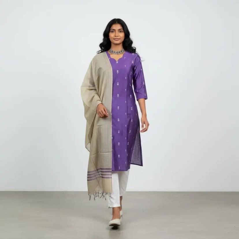 Mangalagiri Raw Silk Kurti Set with Buttas and Checked Dupatta in Purple