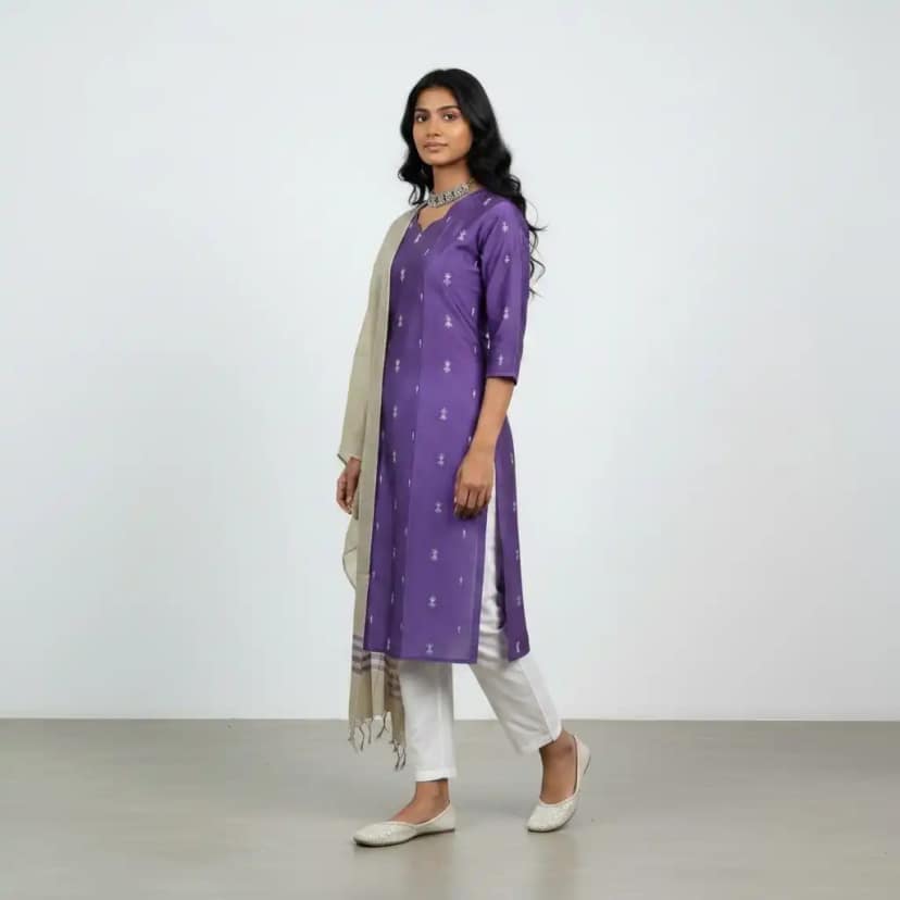 Mangalagiri Raw Silk Kurti Set with Buttas and Checked Dupatta in Purple view 2